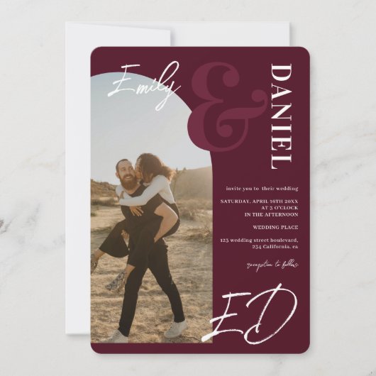 Invitation Photos en gras noms script arche bordeaux mariage (Devant)