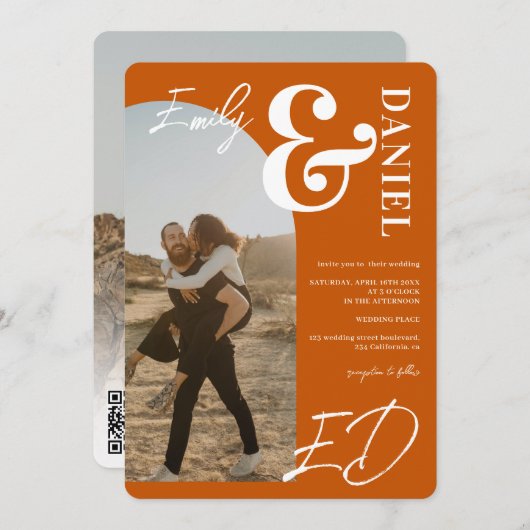 Invitation Photos en gras noms script arche brûlé orange mari (Devant / Derrière)