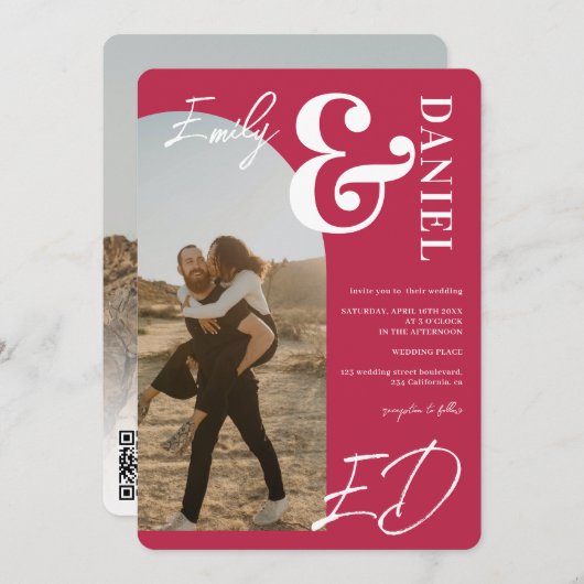 Invitation Photos en gras noms script arche magenta mariage (Devant / Derrière)