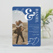 Invitation Photos en gras noms script arche rétro bleu mariag (Debout devant)