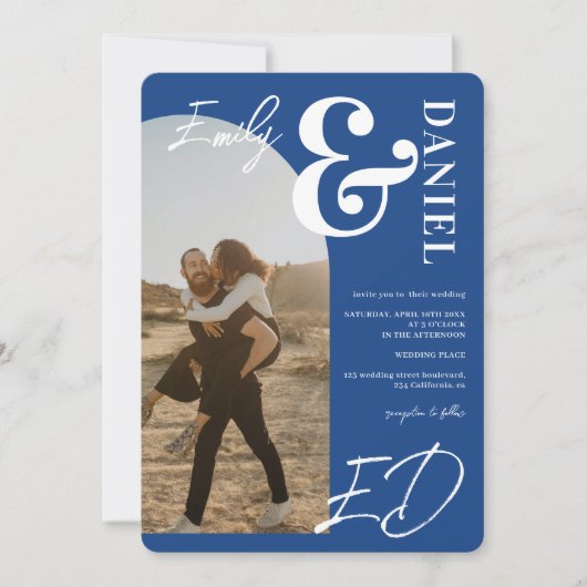 Invitation Photos en gras noms script arche rétro bleu mariag (Devant)