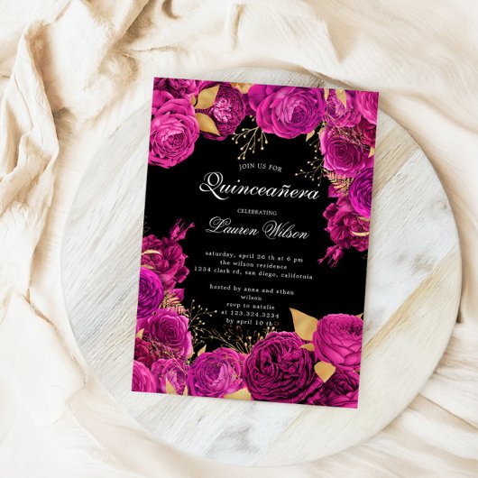 Invitation Photos florales exclusives Hot Pink Quinceanera