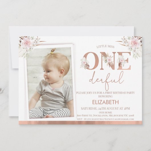 Invitation Photos Florales roses Onederdday 1er anniversaire (Devant)