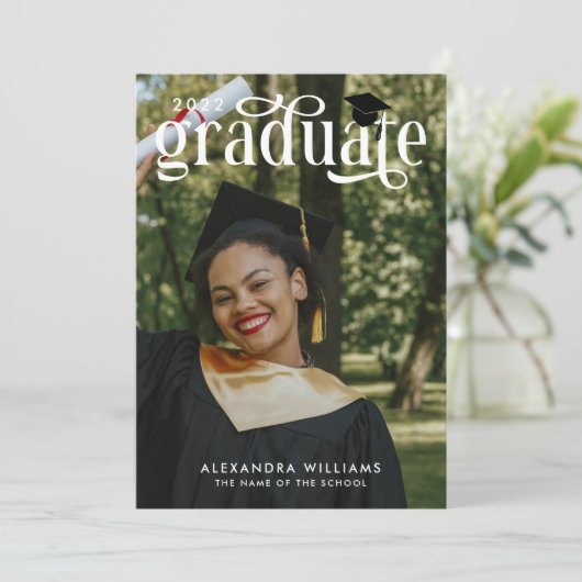 Invitation Photos Green Elegant White Overlay Photo Gradué (Debout devant)