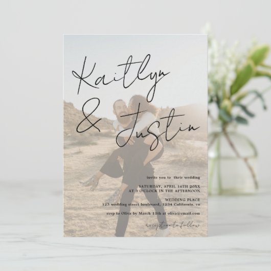 Invitation Photos nom script calligraphie blanc noir mariage (Debout devant)