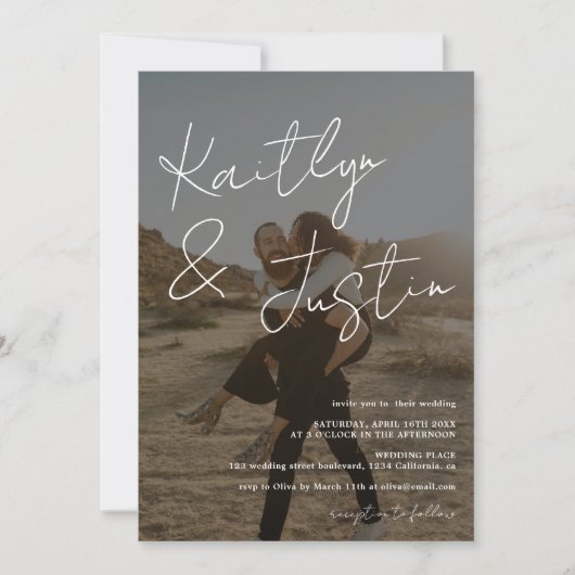 Invitation Photos nom script calligraphie noir mariage (Devant)