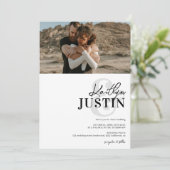 Invitation Photos noms gras calligraphie noir blanc mariage (Debout devant)