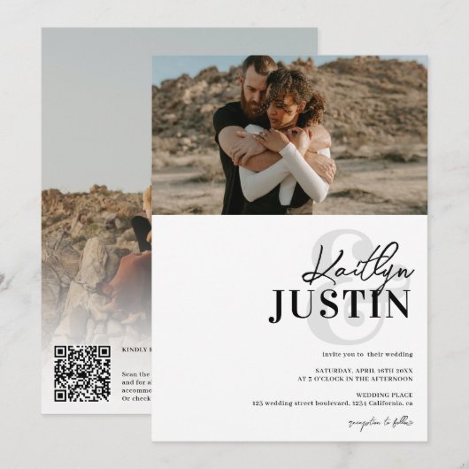 Invitation Photos noms gras calligraphie noir blanc mariage (Devant / Derrière)