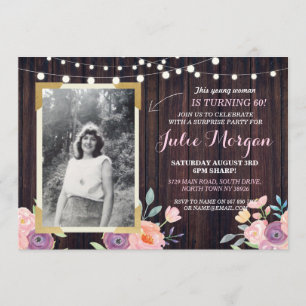 Invitation Photos Pink Anniversaire Floral Rustic Wood Invita