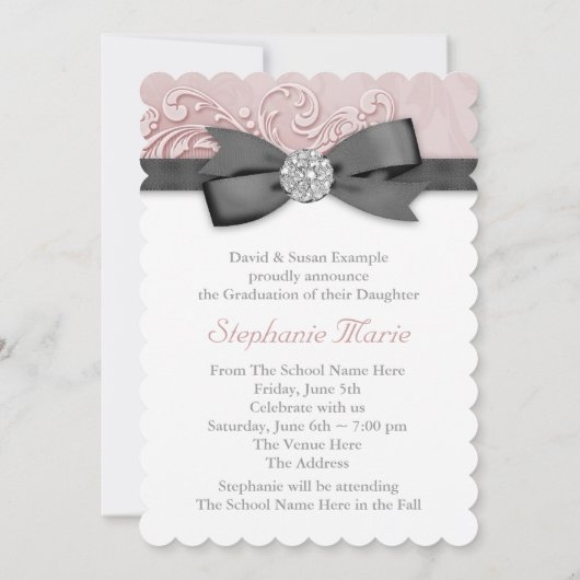 Invitation Photos Pink Black Damask Annonces de graduation (Dos)