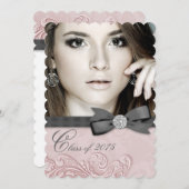 Invitation Photos Pink Black Damask Annonces de graduation (Devant / Derrière)