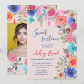 Invitation Photos rose d'aquarelle fleurie d'été Sweet 16 (Devant / Derrière)