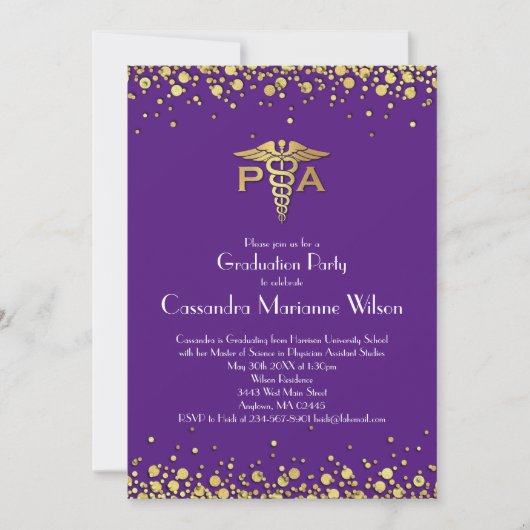 Invitation Physician Assistant PA Graduation Purple Gold (Devant)