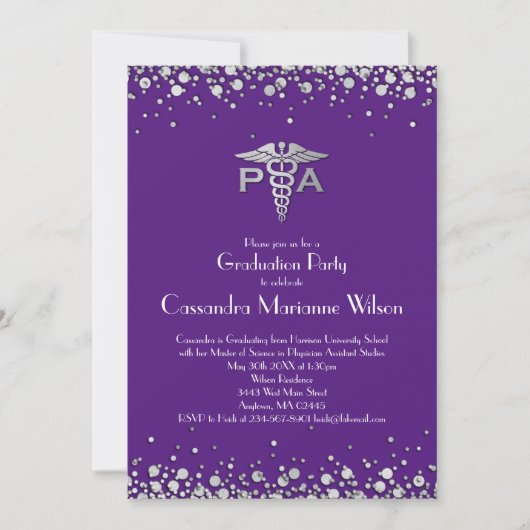 Invitation Physician Assistant PA Graduation Purple Silver (Devant)