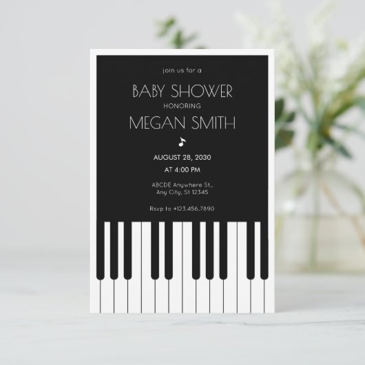 Invitation Piano de musique baby shower noir et blanc (Debout devant)