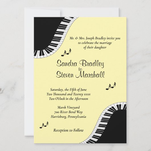 Invitation Piano Keyboard Music RSVP avec Menu Jaune (Devant)