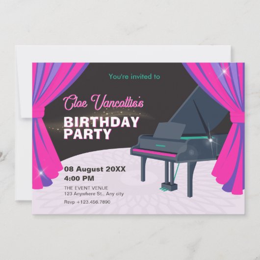 Invitation Piano violet rose scène Anniversaire (Devant)