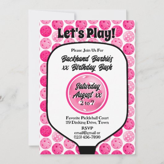 Invitation Pickleball Anniversaire fête rose blanc photo (Devant)