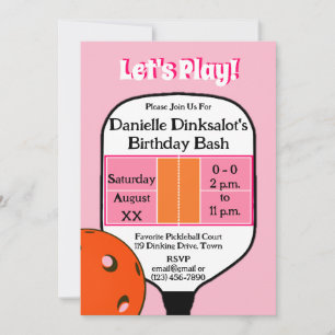 Invitation Pickleball Court Anniversaire Soirée Rose Orange P