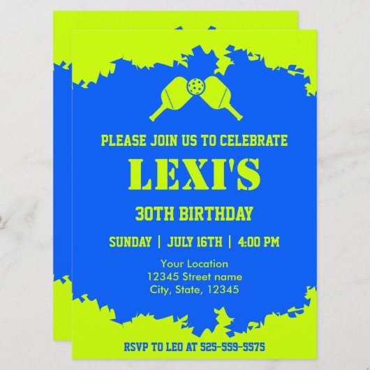 Invitation Pickleball Paddles fête d'anniversaire (Devant / Derrière)