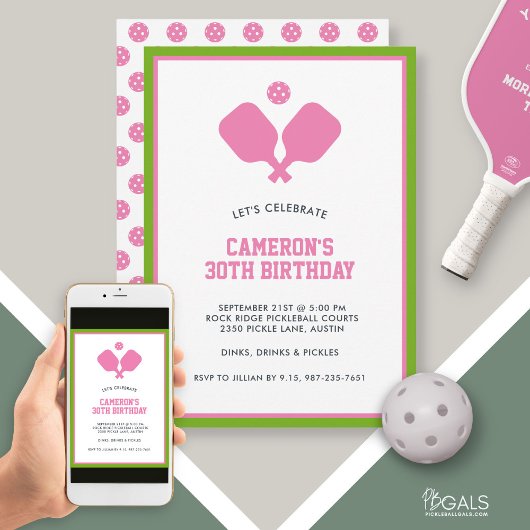 Invitation Pickleball Party Paddles Rose Green Custom