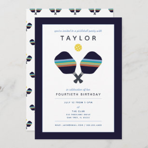 Invitation Pickleball Party Sports Bleu foncé Paddles rayées