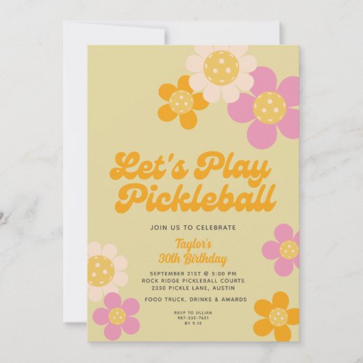Invitation Pickleball Party Super Retro Rose Orange Fleurs (Devant)