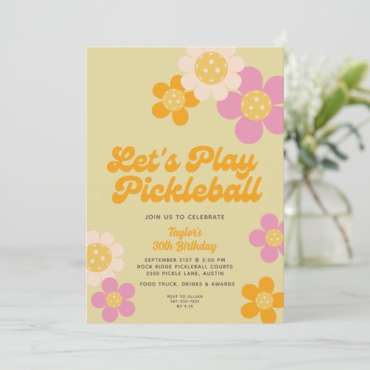 Invitation Pickleball Party Super Retro Rose Orange Fleurs (Debout devant)