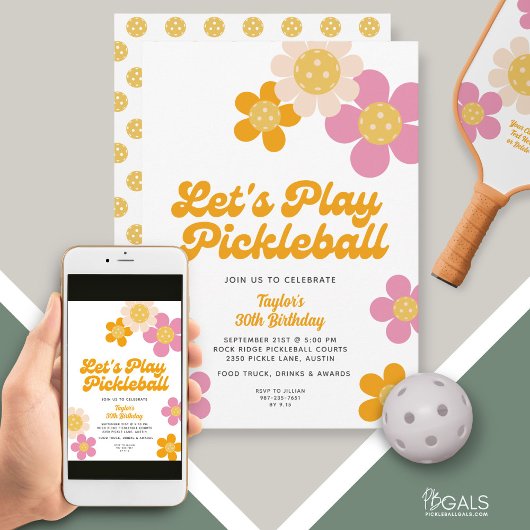 Invitation Pickleball Party Super Retro Rose Orange Fleurs
