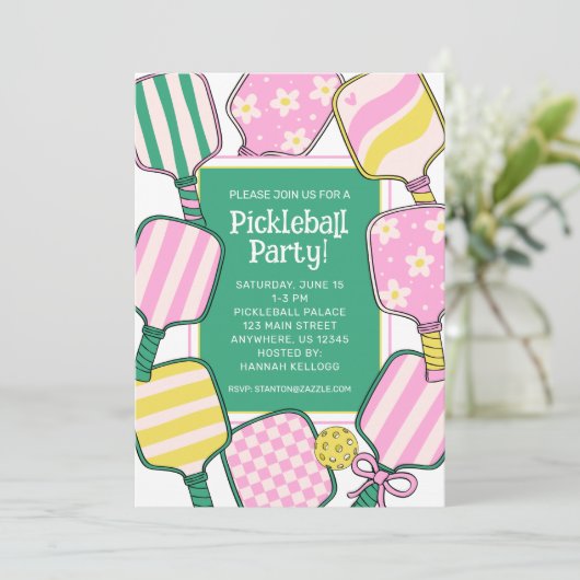 Invitation Pickleball rose et jaune (Debout devant)