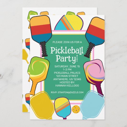 Invitation Pickleball rose et jaune (Devant / Derrière)
