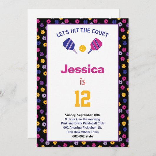 Invitation Pickleball rose néon et violet B jour + RSVP Invit (Devant / Derrière)