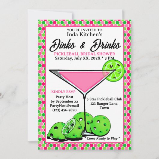 Invitation Pickleball Shower Dinks & Drinks Pink Honeycomb (Devant)
