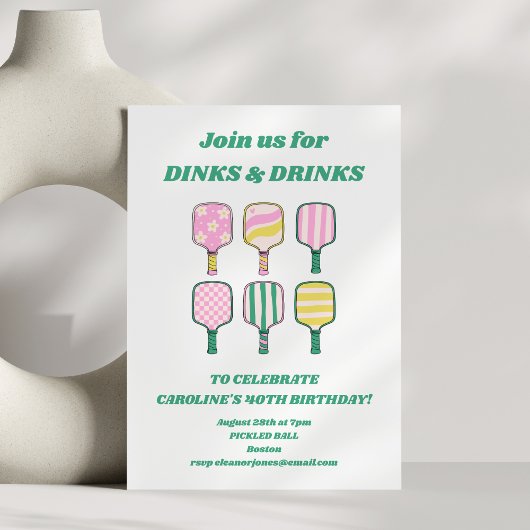 Invitation Pickleball Thème Pink Green Retro Anniversaire