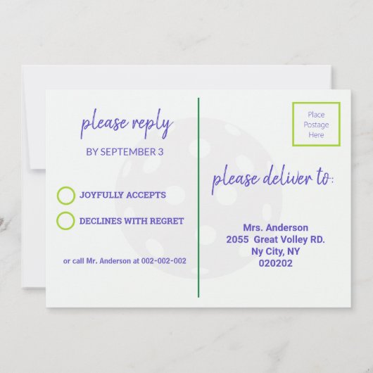 Invitation Pickleball vert et violet fête d'anniversaire (Dos)