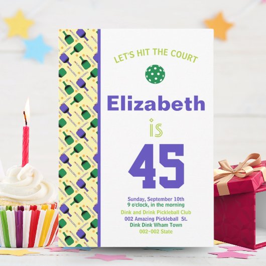 Invitation Pickleball vert et violet fête d'anniversaire