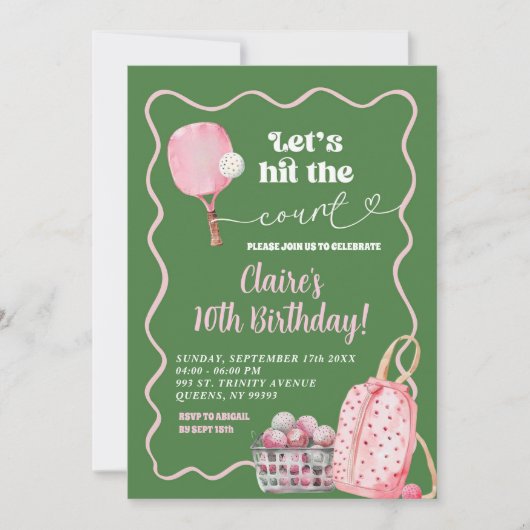 Invitation Pickleball vert rose ondulé rétro Pickleball Anniv (Devant)