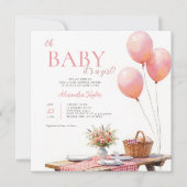 Invitation Picnic Wildflower Pink Balloons Girl Baby Shower (Devant)