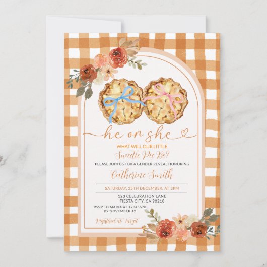 Invitation Pie Citrouille Pie Bleu Rose En vichy de la révéla (Devant)