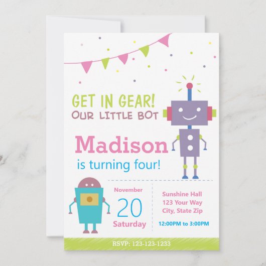 Invitation Pièce d'anniversaire du robot rose (Devant)