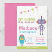 Invitation Pièce d'anniversaire du robot rose (Devant / Derrière)