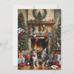 Invitation Pièce décorée de façon festive, cheminée, chats, v