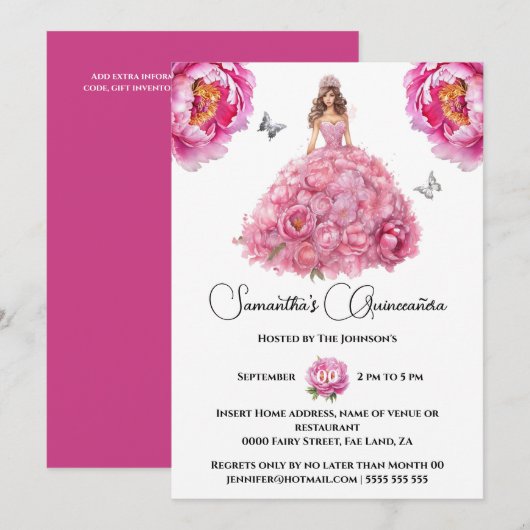 Invitation Pièce rose Quinceañera fleurs florales (Devant / Derrière)