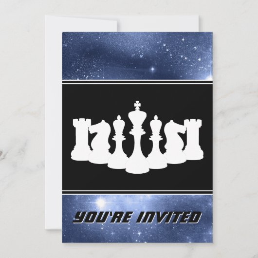 Invitation Pièces d'échecs blanches et Galaxie spatiale Anniv (Devant)