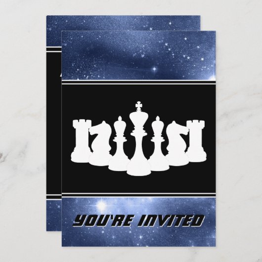 Invitation Pièces d'échecs blanches et Galaxie spatiale Anniv (Devant / Derrière)