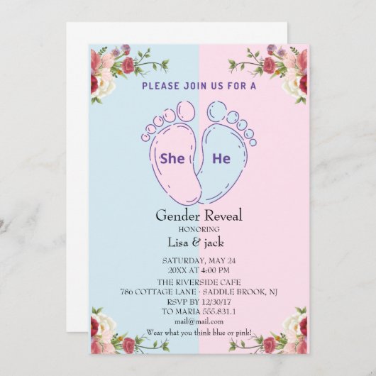 Invitation pied de bébé rose ou bleu (Devant / Derrière)