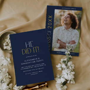 Invitation Pied moderne   Marine Gold Il L'A Fait Photo Gradu