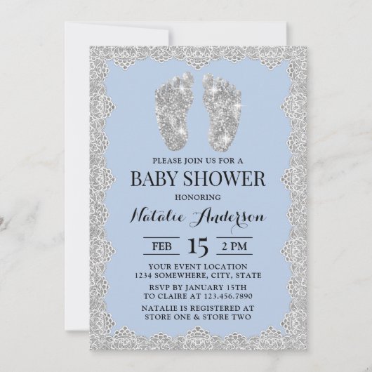 Invitation Pieds d'argent lacés rustiques Baby shower bleu cl (Devant)
