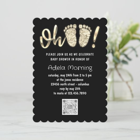 Invitation Pieds Parties scintillant or bébé fille garçon QR  (Debout devant)