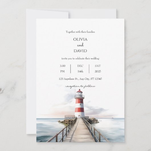 Invitation Pier phare Paysage océanique Mariage nautique (Devant)